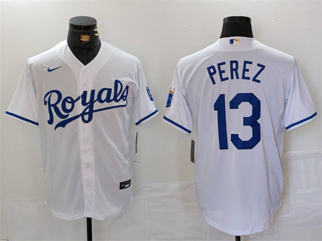 Men's Kansas City Royals #13 Salvador Perez White Cool Base Stitched Jersey
